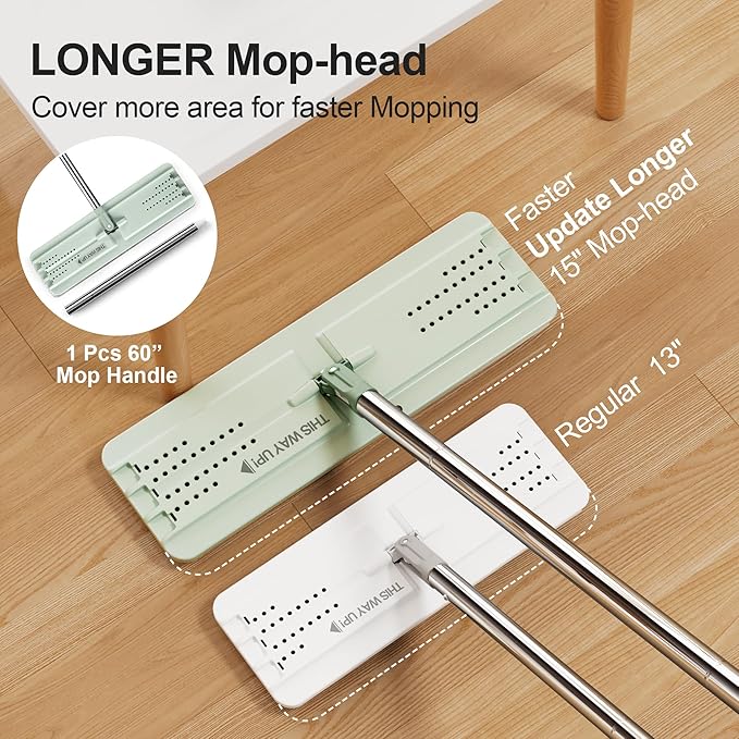JOYMOOP Mop and Bucket Set, Commercial & Household Use Flat Mop with Bucket, Wall Cleaner with Long Handle, Microfiber Mop Bucket with 3 Reusable 15" Pads