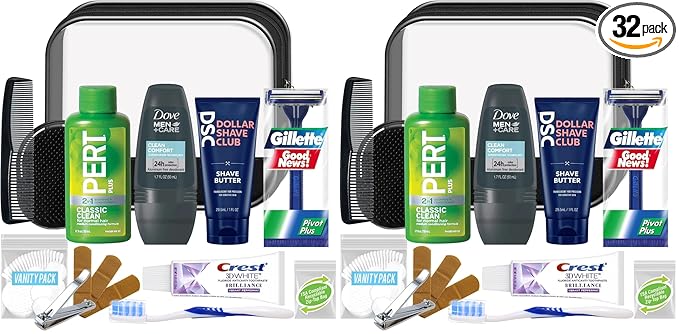 Convenience Kits International Men’s Super Deluxe, 16-Piece Kit with Travel Size TSA Compliant Essentials in Reusable Zippered Toiletry Bag (Pack of 2)