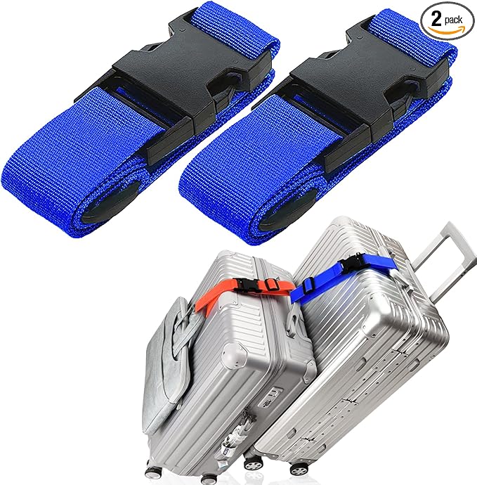 2Pack Luggage Straps for Carry-On Bag, Adjustable Suitcase Belt, Add-Bag Travel Attachment Accessories for Connecting Your 3 Luggages, Blue