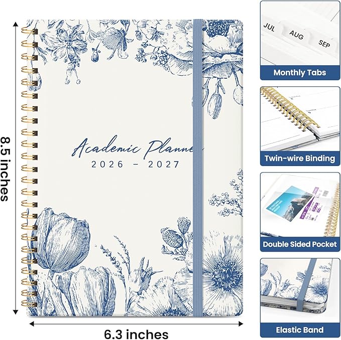 Planner 2026-2027, Academic Year Monthly and Weekly Calendar Planner, Jul 2026 - Jun 2027, Hardcover Teacher Student Planning Agenda book with Tabs, Perfect for School Office Supplies, 6.3" x 8.5" - Blue Elegance