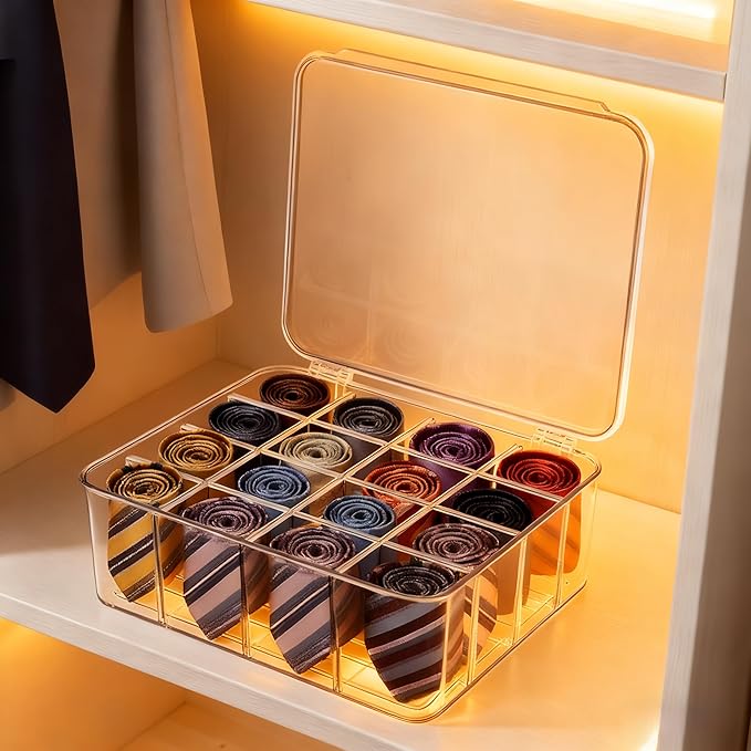 Sock Underwear Organizer, 16 Compartment Adjustable Dividers Bras Socks Underwear Drawer Organizers for Closet, Clear Plastic Storage Containers Box with Lids for Ties Bra Scarf Socks