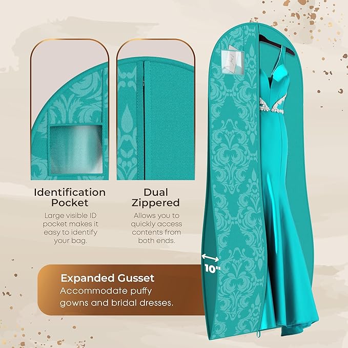 Your Bags 72" Wedding Dress Bag for Gowns Long - Long Garment Bags for Hanging Clothes & Closet Storage - Durable Travel Bag for Women with ID Window - (Tiffany Damask Print)