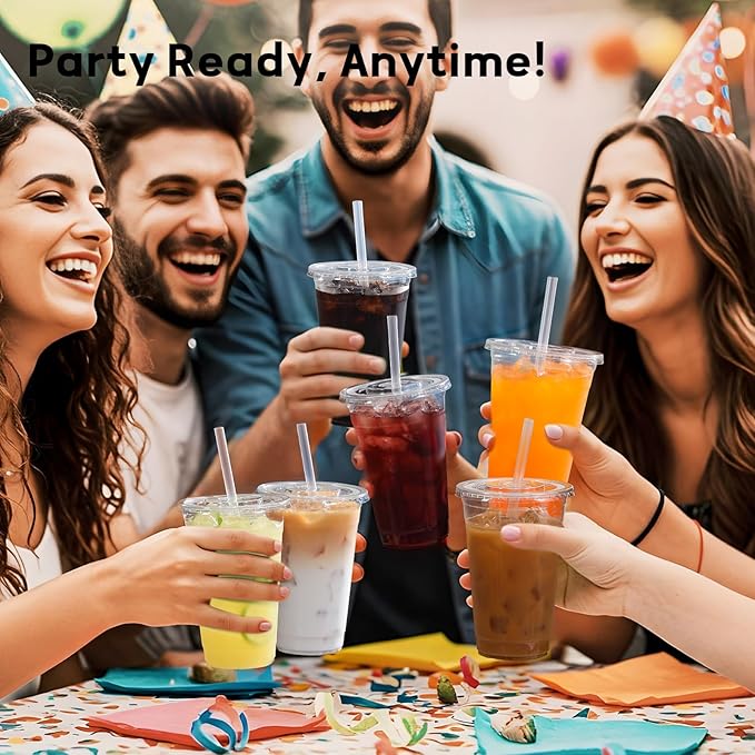 AOZITA 20 oz Plastic Cups with Lids and Straws, 50 Pack, Disposable Iced Coffee Cups with Lids for Cold Drinks, Iced Tea, Milkshakes, Smoothies - Durable & BPA Free