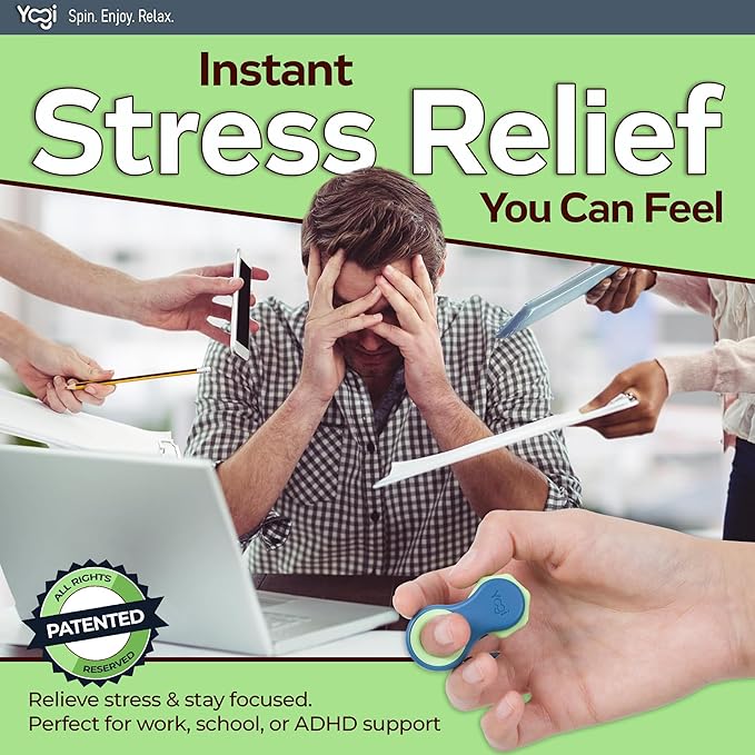Yogi Fidget Toy – Silent Sensory Spinner for Adults & Kids – Stress Relief Fidgets for ADHD, Anxiety – Fidget Toys for Adults – Includes 5 Finger-Fit Rings – Work, School & Travel – Ocean