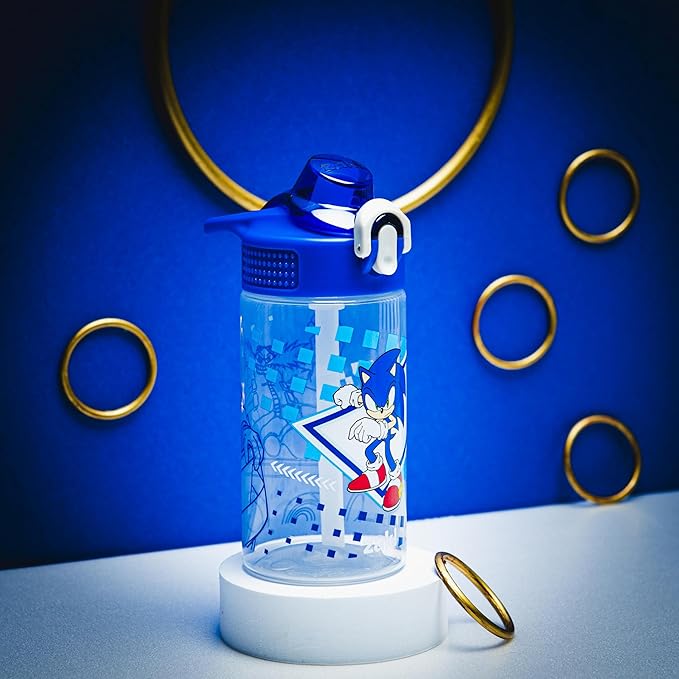 Zak Designs Sonic the Hedgehog Sage Water Bottle For School or Travel, 16oz Durable Plastic Water Bottle With Straw, Handle, and Leak-Proof, Pop-Up Spout Cover (Sonic, Eggman)