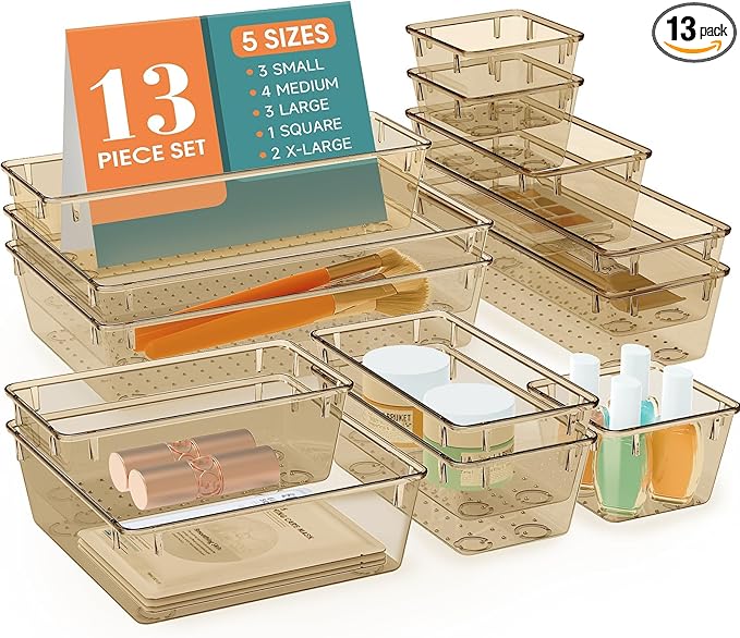 13 PCS Drawer Organizer Set, 5 Varied Size Bathroom and kitchen Drawer cabinet organizer Trays, Clear Storage Bins for Makeup, Jewelry, Utensils and Gadgets, Champagne
