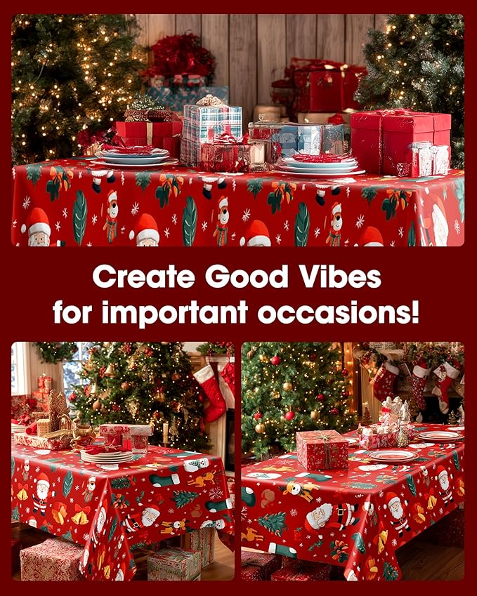 Pureegg Plastic Table Cloth Disposable 10 Pack, 54 x 108 Inch Table Cloths for Parties, Decorative Tablecloths for Rectangle Tables, Christmas Tablecloth Plastic, Leakproof & Sturdy, Christmas Red