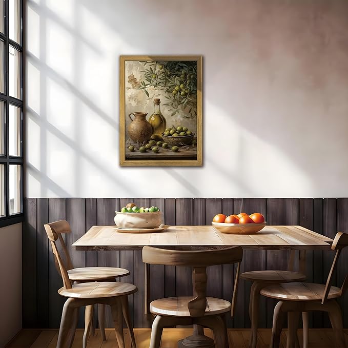 Wood Framed Olive Kitchen Wall Art, Vintage Rustic Still Life Canvas Print, Green Olives Poster Print Picture, Fruit Wall Decor Painting for Dining Room Cafe Restaurant Farmhouse Home Decor 12x16 inch