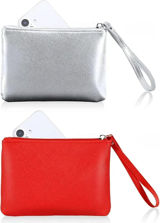 2 Pack Small Zipper Pouch Mini Makeup Bag for Purse Lipstick Cosmetic Travel Make Up Organizer for Women Essentials Feminine Products, Car Change Coin Holder 8x5 Phone Wristlet Wallet, Silver Red