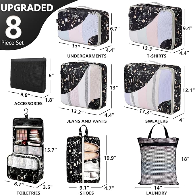 8 Set Packing Cubes for Travel, Gifts for Women & Moms, Anti-Tearing Suitcase Organizer, OlarHike Vacation Essentials & Accessories for Cruise Ships