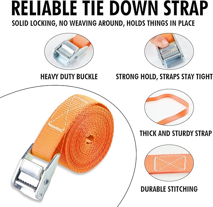Cartman 1" x 12' Lashing Straps Cargo Tie-Down Strap Up to 600lbs, 10pk in Carry Bag, Orange