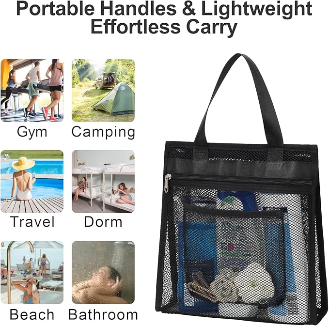 F-color Mesh Shower Caddy Portable Hanging - 3 Pockets Small Shower Bag Tote for Camping, Gym, Travel, Toiletry, Quick Dry Bathroom Essentials with S Hook, Black