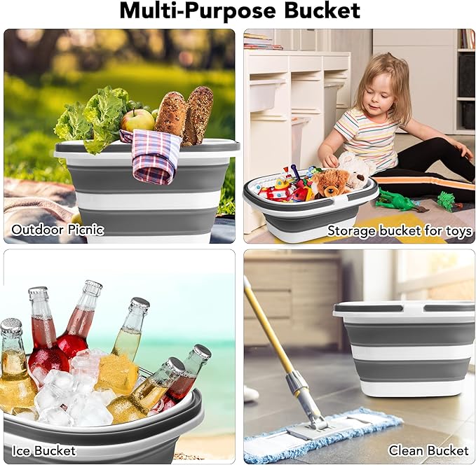 2 Pack Collapsible Mop Bucket, 16L(4.2 Gal) Plastic Bucket for House Cleaning, Car Washing, Silicone Cleaning Supplier Organizer, Portable Basket with Handle for Laundry Storage, RV Camping, Fishing