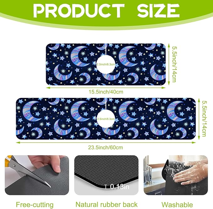 Kitchen Sink Splash Guard Faucet Mat Super Absorbent Fast Drying Mat Guard Behind Faucet Drip Catcher for Kitchen Bathroom (Blue Stars Crescent Moon, 15.5"X5.5")