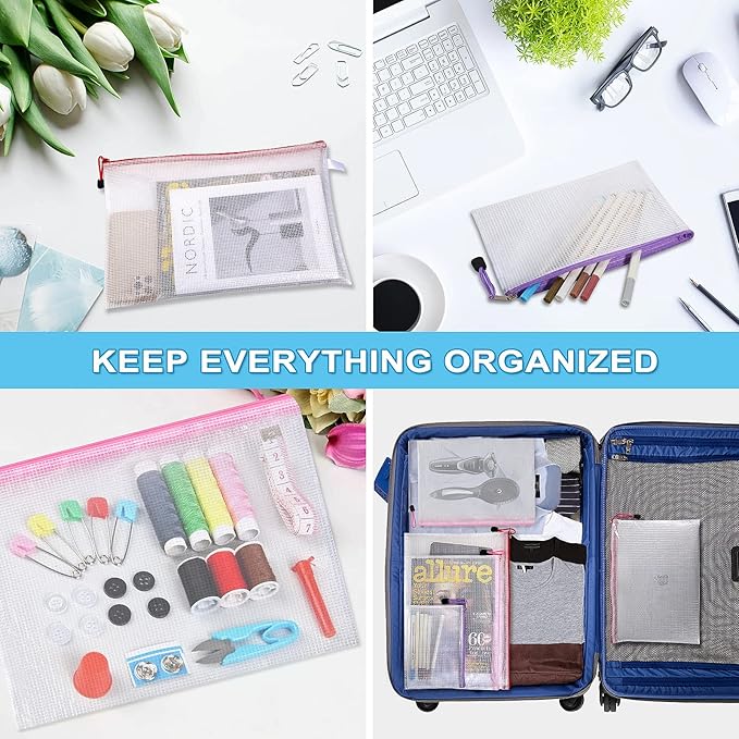 48pcs Mesh Zipper Pouch Bags, 8 Sizes Waterproof Plastic Zipper File Bags, 16 Colors,Multipurpose for Travel Storage, School Supplies, Office Appliances and Home Organizing,Multicolored