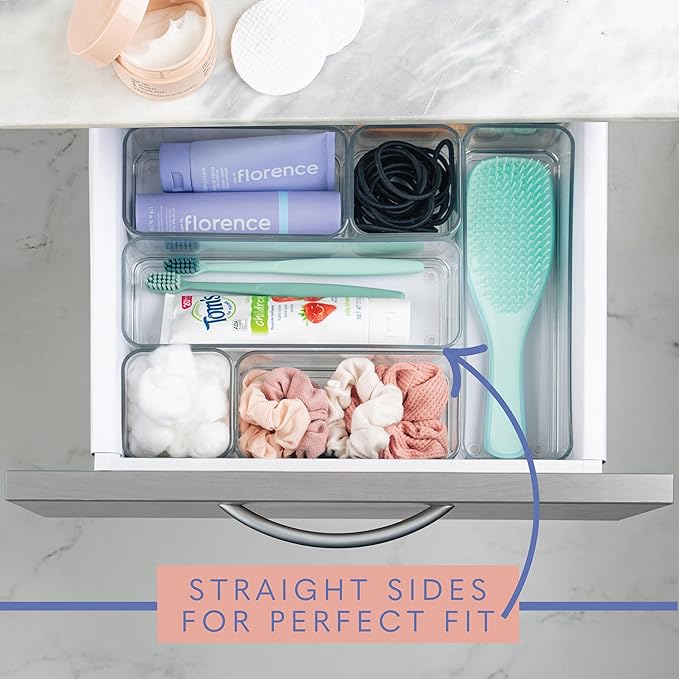 primebox Six Pieces. Plastic Clear Drawer Organizers for Bathroom, Kitchen, Bedroom, Office. Organizer Bins, Storage Trays. Heavy Duty, Stackable, Non-Slip. 3 Sizes