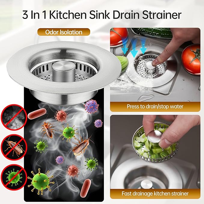 YYKBZ 3 in 1 Kitchen Sink Drain Strainer， Stainless Steel Pop Up Sink Stopper， Plug for Sink Drain Strainer with Anti-Clogging Basket for Us Standard 3-1/2"Drain Easy to Install （1pcs）