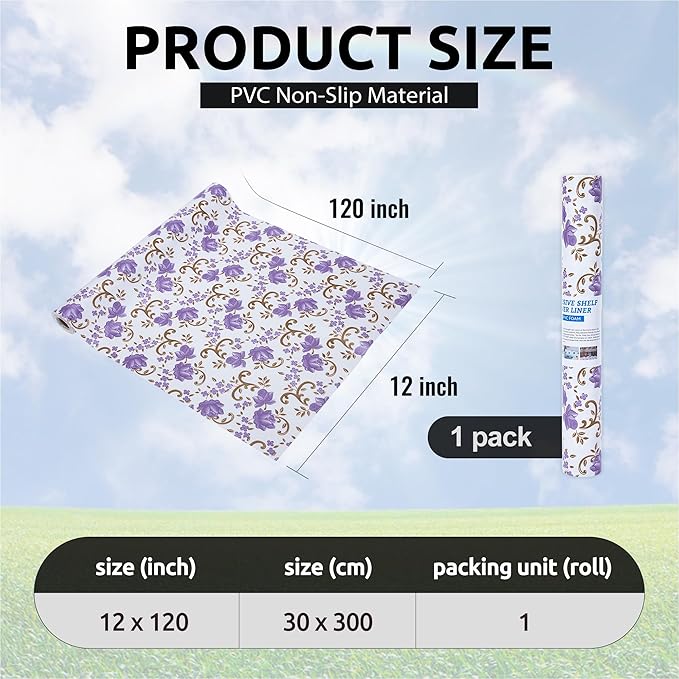 12X120 Inch Shelf Liner for Kitchen Cabinets, PVC Drawer Liner for Dresser Non-Slip Bathroom, Non-Adhesive Cabinet Liner Washable (Purple Floral)(1 Roll)