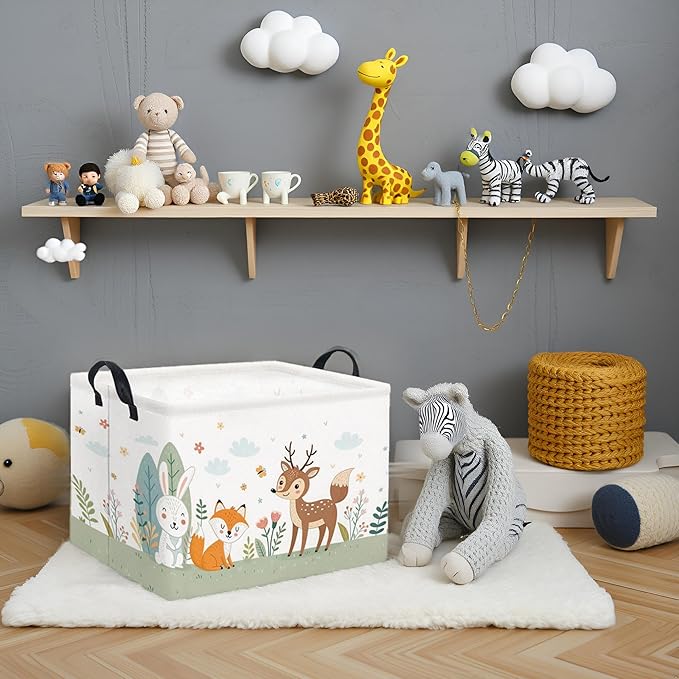 Rectangular Kids Storage Basket Baby Storage Basket with Handles for Home Kitchen Boys and Girls Cute Toy Storage Bin Organizer Shelf Book Room Decor(Flower Animal)