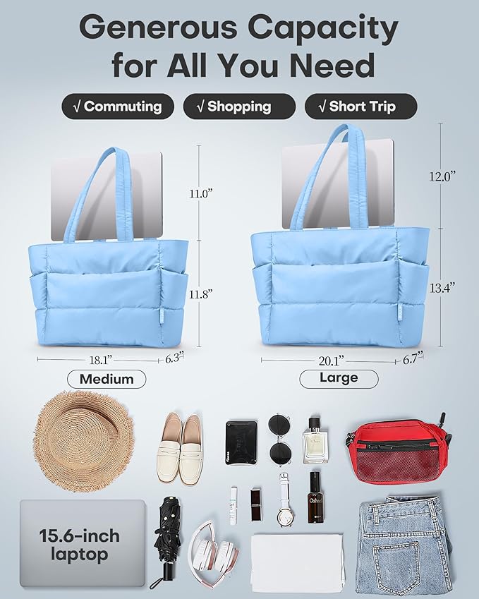 HOTOR Puffer Tote Bag for Women, Nurses - Multi-Pocket Lightweight Bag for Work - Quilted Handbag for Travel and Gym