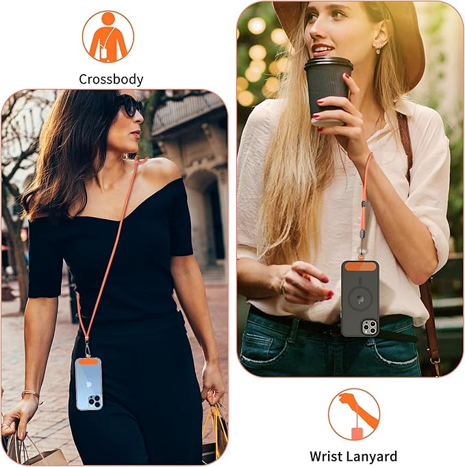 CACOE Phone Lanyard 2 Pcs-1 Pcs Adjustable Neck Strap, 1 Pcs Wrist Strap, 2 Pads, Universal Crossbody Multifuctional Cell Phone Lanyards Compatible with Most Smartphones(Orange)
