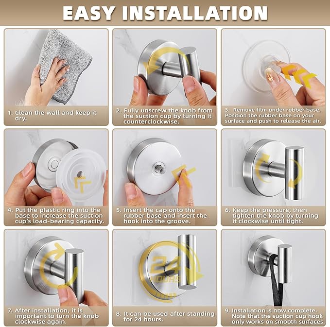 Suction Cup Hooks for Shower - Reusable Bathroom Hooks for Towels, Robes & Loofahs - No-Drill Mounting on Kitchen, Walls, Metal, Glass, Mirrors, Tile & Smooth Non-Porous Surfaces (4, Brushed Nickel)