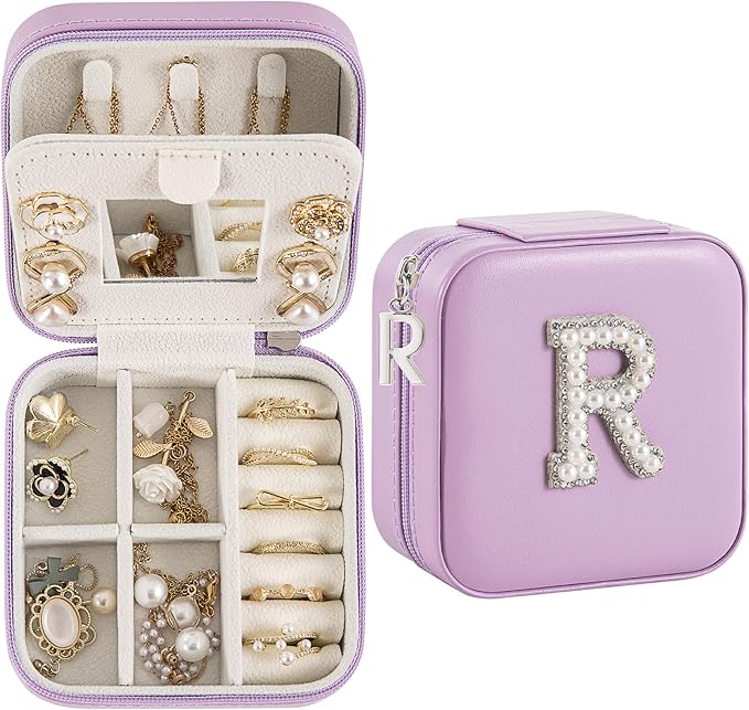 Travel Jewelry Case, Small Jewelry Box Organizer with Personalized Initials, Gifts for Girl Women, Wife Girlfriend Daughter Niece, Bridesmaid Gifts, Birthday