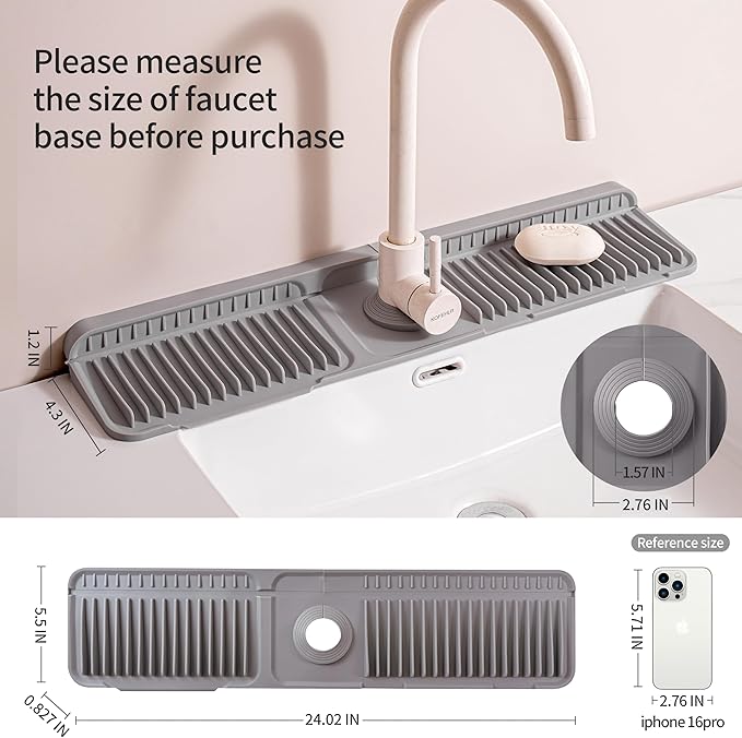 24" Silicone Sink Splash Guard - Kitchen Sink Accessories with Drip Tray, Sponge Holder & Soap Dish, 6° Slope Design for Easy Drainage, Foldable & Fasten Button for Secure Fit, （Grey）