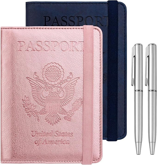 WALNEW Passport Holder for Travel, RFID Passport Cover Wallet for Women Men, PU Leather Passport Book Card Holder Case with Pen, Travelling Essentials for Flying