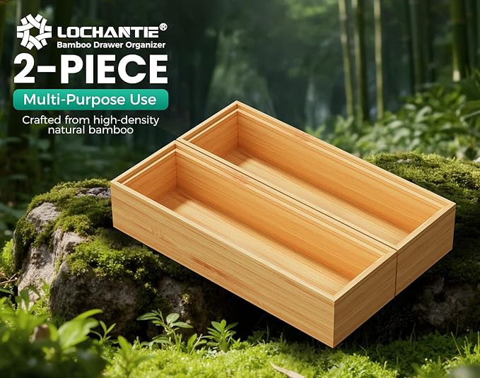 Bamboo Kitchen Drawer Organizer Boxes – 9" x 3" Stackable Wood Silverware Utensil Tray for Drawers Bins, Cutlery & Flatware Storage – Wooden Organizers Set of 2 for Junk Drawer, Bathroom, RV