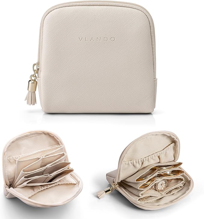 Vlando Mini Jewelry Travel Case, Jewelry Pouch Bags with Zipper, Velvet Jewelry Organizer Storage Bag for Bracelet Rings Earring Travel Essentials Gifts for Women Girl-Beige