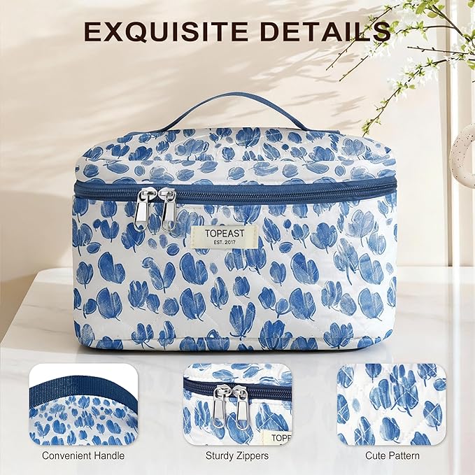 TOPEAST Christmas Gifts for Women Girls - 3Pcs Makeup Bag Large Cotton Travel Makeup Bags, Cute Quilted Floral Cosmetic Organizer Portable Brushes Toiletry Bag Set, Blue Floral
