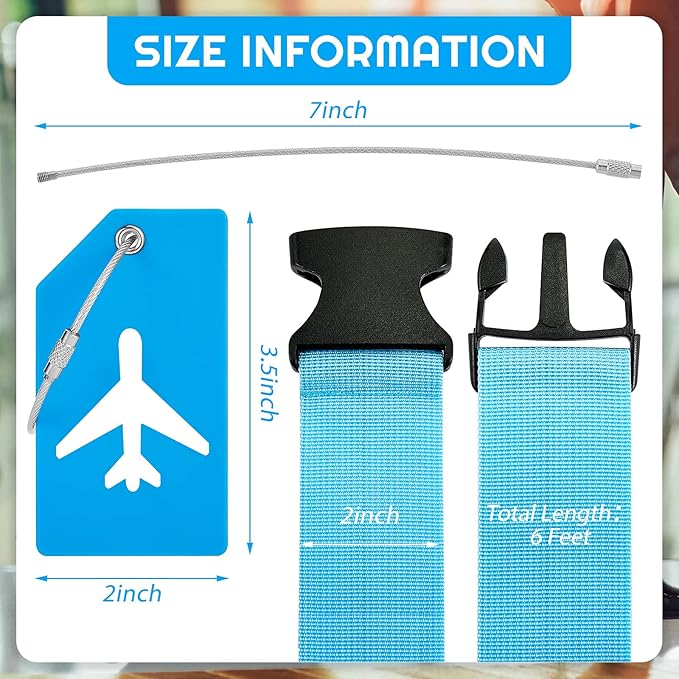 Weewooday 8 Pcs Luggage Straps Suitcase Tags Set for TSA Approved, 4 Travel Adjustable Suitcase Belt, 4 Silicone Luggage Tags with Name ID Card Travel Accessories(Blue,Airplane)