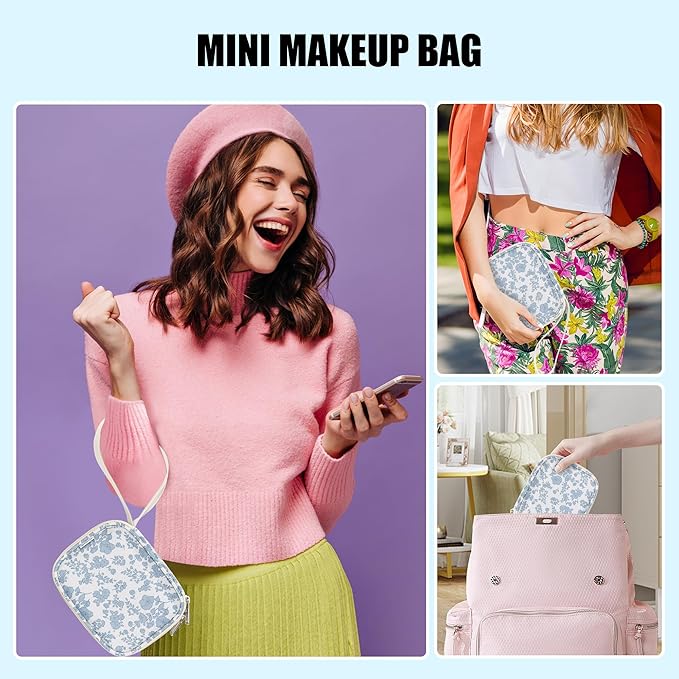 Relavel Mini Makeup Bag with Led Mirror, Small Floral Cosmetic Bag with 3 Light Modes, Rechargeable Portable Makeup Pouch with Hands-Free Wrist Strap for Pool Parties丨Work Touch-Ups丨Travel