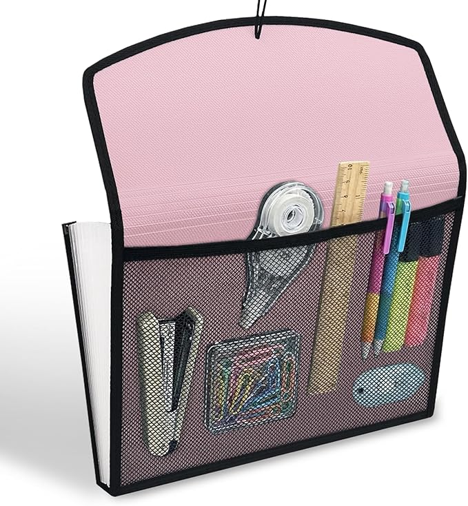 H4D 13-Pocket Accordion File Organizer with Mesh Pocket, Expanding File Folder with Tabs, Expandable Document Organizer for Home Office School, Letter Size, Light Pink