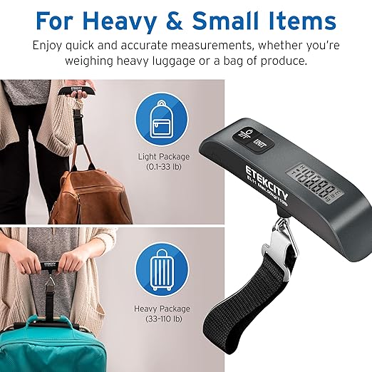 Etekcity Luggage Scale, Travel Essentials, Digital Suitcase Weight Scales for Travel Accessories, Hanging Baggage Scale with Temperature Sensor, Rubber Paint, 110 Pounds, Battery Included,Grey