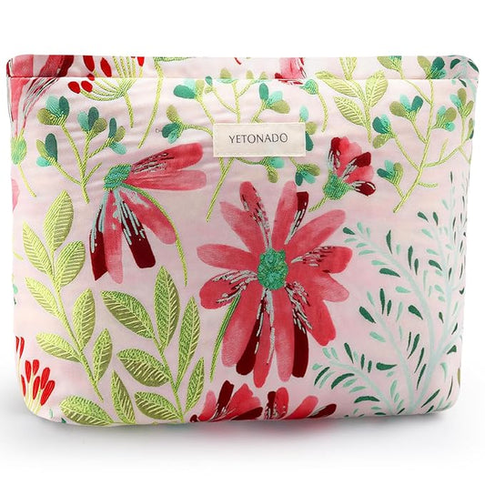 ZLFSRQ Floral Makeup Bag for Women Cute Cosmetic Bag Large Capacity Cosmetic Pouch Embroidery Vintage Zipper Makeup Pouch for Purse Portable Travel Toiletry Bags Aesthetic Skincare Storage Organizer