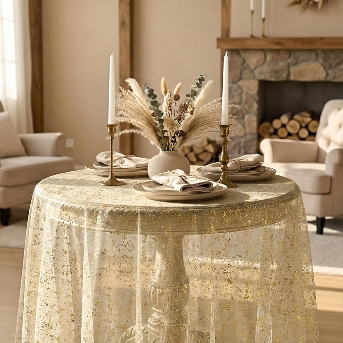 Horaldaily Apricot Gauze Tablecloth 60x60 Inch Round, Golden Sequin Glitter Metallic Foil, Sheer Tulle Cheesecloth for Wedding Baby Shower Ceremony Birthday