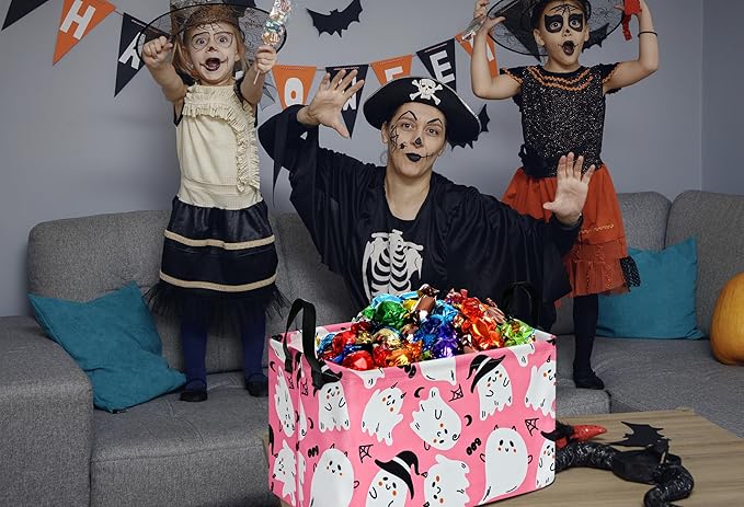 KUNRO Pink Ghost Pattern Storage Basket Gift Shelf Basket Storage Bin, Nursery Basket Organizer Box for With Handles for Room Deco