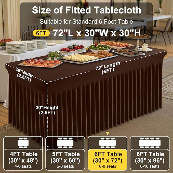 Smiry Spandex Tablecloth 2 Pack, Elastic Fitted Stretch Tablecloth for 6FT Rectangle Tables, Waterproof Washable Table Cover Skirt for Wedding, Banquet & Parties (Coffee, 72Lx30Wx30H Inch)