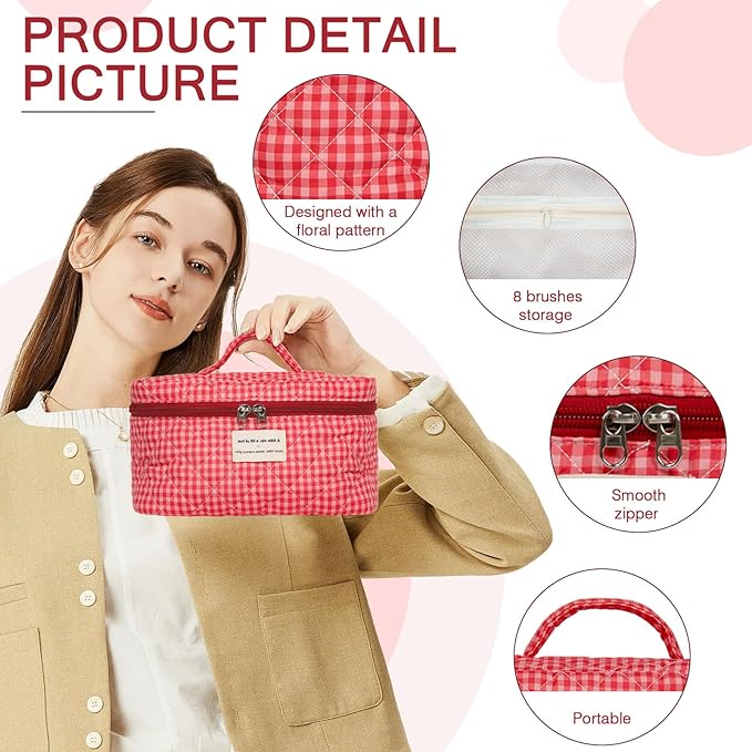 Large Makeup Bag, Cute Cosmetic Bag for Women Girls, Floral Coquette Aesthetic Toiletry Bag, Travel Make Up Organizer Bag(Red Checkered)