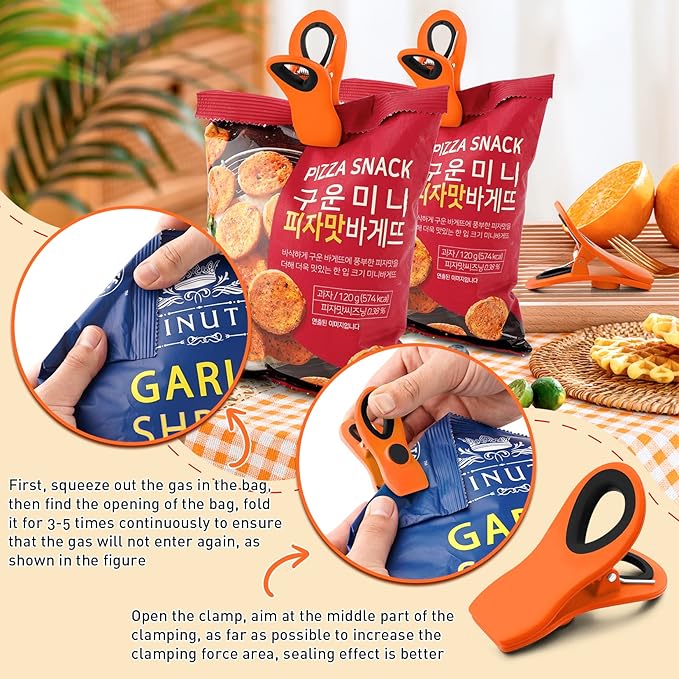 FINDMAG 12 Pack Big Chip Clips, Orange Magnetic Clip for Plants, Edge Clamp, Plastic Snack Clips for Bags, Food Sealing Clip with Magnet for Chips, Snacks, Fridge and Food Organization
