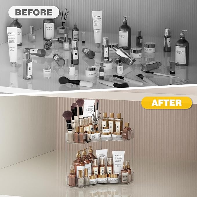 2-Tier Corner Bathroom Counter Organizer with Top Toothbrush Holders,Large Makeup Organizer Countertop with Brush Holder,Skincare Organizers Corner,Exquisite Vanity Organizer(Clear, 2 Tier)