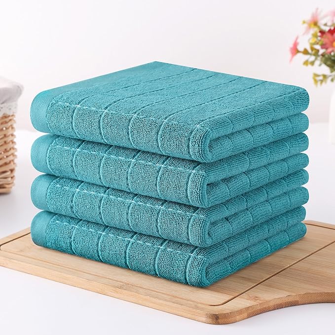 Homaxy 100% Cotton Terry Kitchen Towels(Lake Blue, 13 x 28 inches), Checkered Designed, Soft and Super Absorbent Dish Towels, 12 Pack
