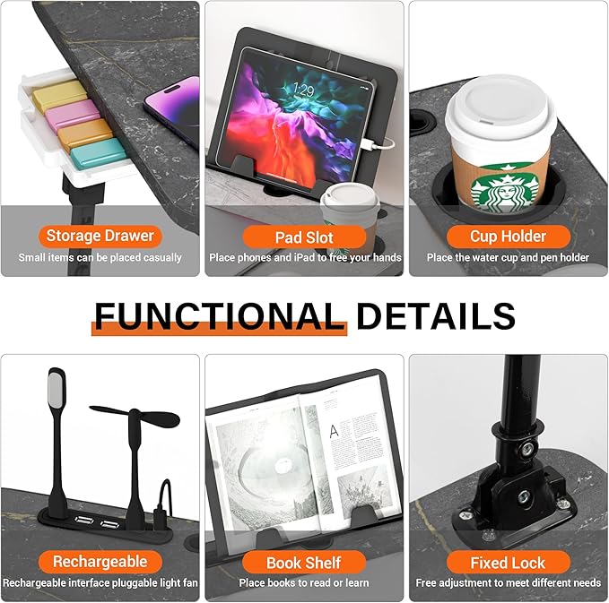 Laptop Desk for Bed, Height Adjustable, Lap Bed Table with USB/Storage Drawer/Cup Holder/Tablet Stand/Book Shelf, Foldable Breakfast Tray Portable for Reading Writing, Sofa & Floor, Deep Stone Texture