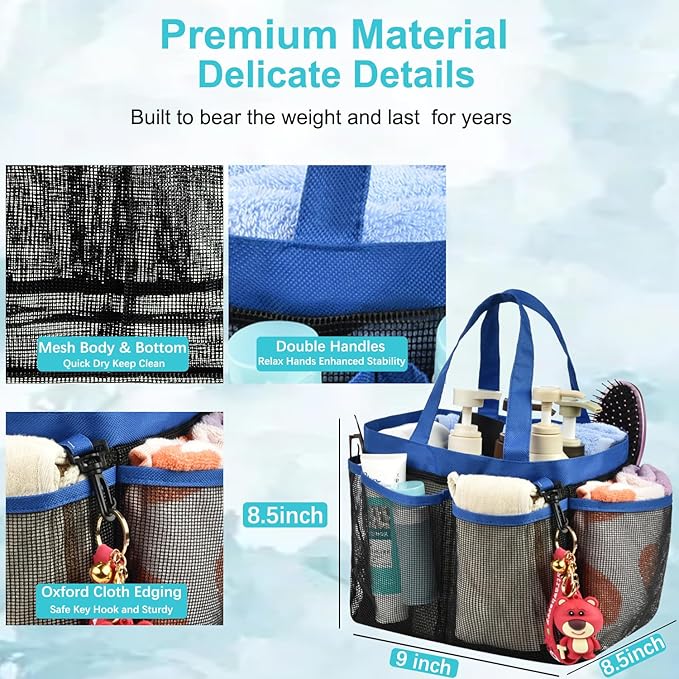 Haundry Mesh Shower Caddy Tote, Large College Dorm Bathroom Caddy Organizer with Hook and Handles, 8 Basket Pockets for Camp Swimming Travel Gym Beach