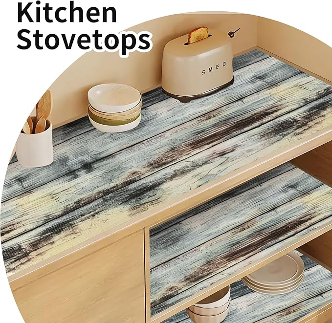 Shelf Liners for Kitchen Cabinets Non Adhesive Drawer Liner 12in x 20FT Blue Shiplap Quatrefoil Thickened Shelf Liner Strong Non-Slip Easy to Clean Tool Box Refrigerator with Knife and Tape Measure