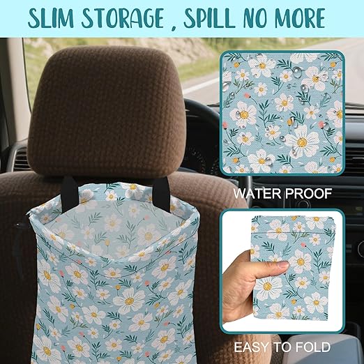 Car Trash Bag Chamomile Flowers and Petals Hanging Drawstring Car Organizer and Storage Bag with Adjustable Buckle Canvas Garbage Bin for Back Seat or Hanging Headrest Car Decor Road Trip Essentials