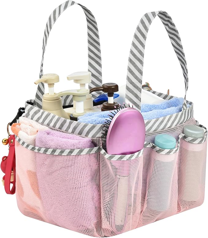 Haundry Mesh Shower Caddy Portable for College Dorm Room Essentials, Shower Caddy Tote with 8 Pockets Large Capacity, Shower Bag for Beach, Swimming, Gym, Pink