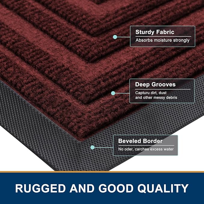 Buganda Front Door Mat Indoor Outdoor Entrance, Non-Slip Natural Rubber Doormats, Easy Clean, Low Profile, Dirt Trapper Entryway Floor Mats for Outside, Garages and Patios, 29.5x17, Wine Red